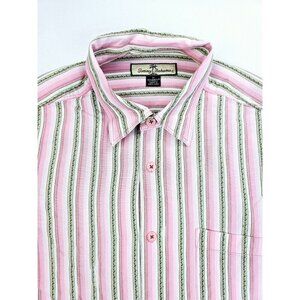 Tommy Bahama Size Medium Mens Pink White Green Stripe Long Sleeve Logo Tag Shirt